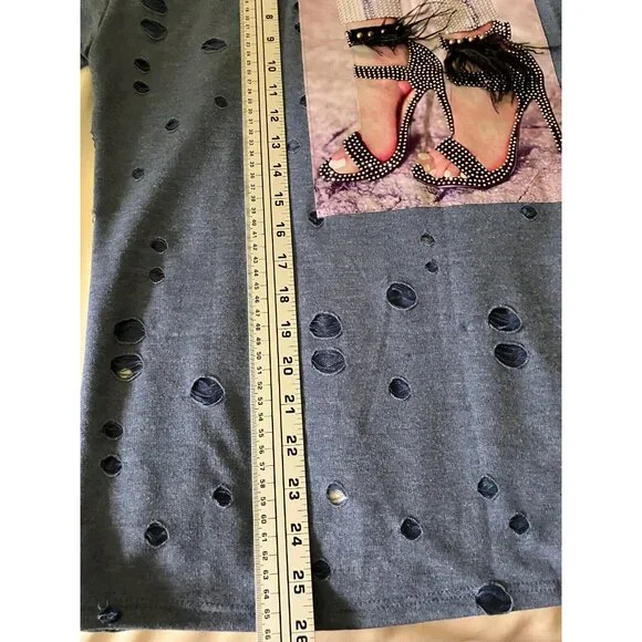 LOVE J Blue Blouse Top T-shirt w Holes Distressed Heels Shoes Pop Art Trendy S - Picture 7 of 13